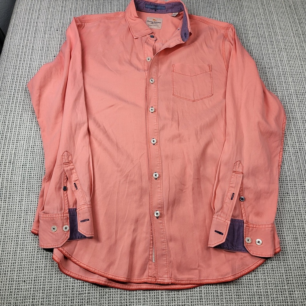 Tommy Bahama Jeans Shirt Mens Medium Pink Solid Long Sleeve Button Front Casual